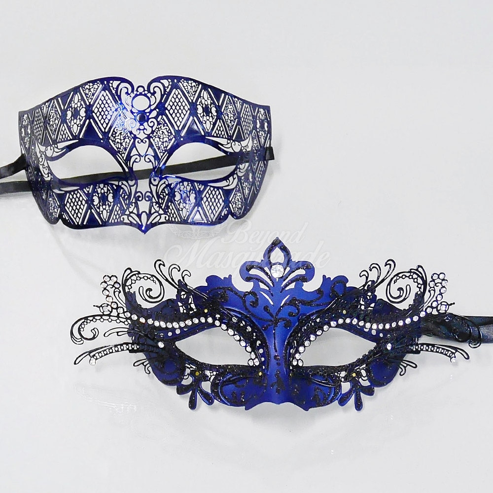 His And Hers Couples Masquerade Mask Set Royal Blue Metal 