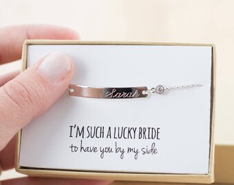 Junior Bridesmaid Bracelet - Junior Bridesmaid Jewelry - Silver Bar Bracelet with CZ - Flower Girl Bracelet