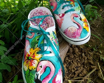 Tropical Hand Painted Sneakers, Flamingo Sneakers, Handpainted Aloha Shoes, Tropcal Shoes, Tropical Footwear, Tropical Flamingo Shoes