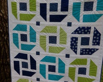 Modern Quilt, Lap Quilt, Blue Quilt, Green Quilt, Handmade Quilt, Throw Quilt