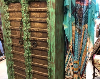 Antique Green Armoire Brass Old Doors Vintage Patina Storage Cabinet Eclectic Earth grounding Rustic Indian Furniture