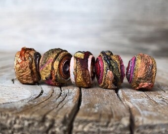 5 Handmade Fabric Beads - Fiber Art Beads - Textile Art Beads - Hippie Boho Bead - Focal Beads