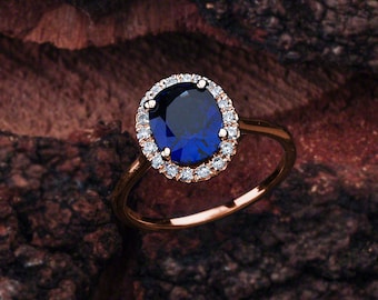 Blue Sapphire Engagement Ring Rose Gold, Blue Sapphire Rose Gold Halo Engagement Ring, Rose Gold Blue Sapphire Engagement Ring, Lab-Grown