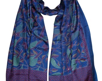 Blue Silk Blend Scarves Hair Scarf Shawl Yoga Wear Printed Long Wraps Stole