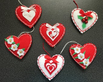 lot de 6 coeurs en feutrine,décoration de noel à suspendre au sapin, fait main unique