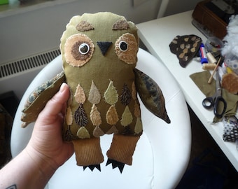 Mo Madeira Owl, soft art creature textile doll by Wassupbrothers, green wodland tones, retro , bohemian recycled, feather,