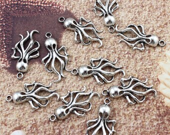 Bulk 30 Octopus Charms Octopus Pendants/ Antiqued Silver Tone 15 x 30 mm Wholesale Lot