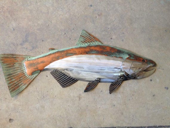 Salmon Metal Fish Wall Art Sculpture 30in Handmade Long Lodge Cottage Cabin Lake River
