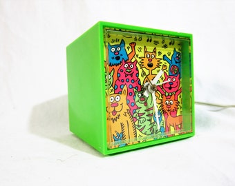 Seth Thomas "MiniCube" Neon Green with Cats Electric Alarm Clock 1960s
