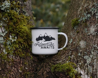 Mountain Camping Mug - Enamel Mug - Adventure Awaits Hiking Mug
