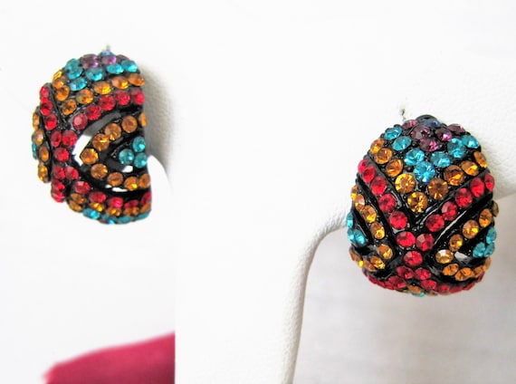 Rhinestone Earrings, Bright Multicolor, Clip Ons, 70's Bright Earrings
