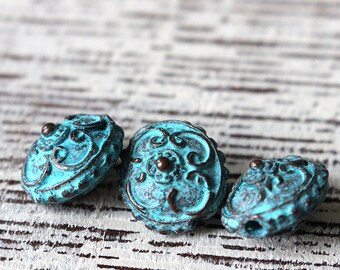 Mykonos Beads - Green Patina Verde Gris Finish- 15mm Saucer Bead - Jewelry Making Supply - Choose Amount