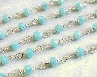 Aqua Jade Rosary Chain, Silver Plated Wire Wrapped Rosary Chain, Aqua Jade Silver Rosary Chain, 4 mm, Sold By Foot (JAD-0194)