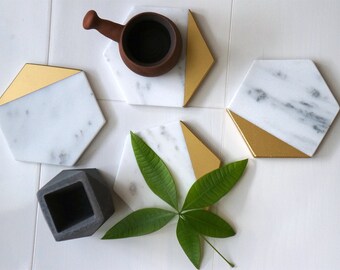 Hexagon Marble Coasters. Set of 2, Set of 4 or Set of 6. Carrara White Gold Painted Honed Marble. Natural Stone Coasters. Geometric Coasters