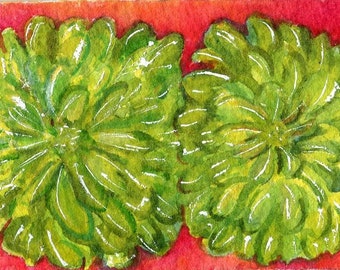 ACEO Original Zinnias watercolors paintings original, lime green zinnias art card painting, watercolor flowers, floral painting, floral art