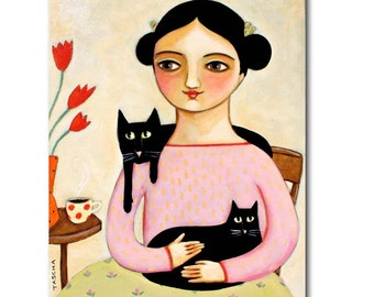 Original Cat Portrait painting LARGE acrylic painting on canvas 20x16 inches two black cats folk art by Tascha