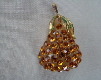 Vintage Lucite FORBIDDEN FRUIT Rhinestone Pear Pin Brooch