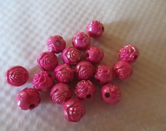 PERLES FLEURS ROSES lot de 18 perles fleurs roses couleur rose foncé acrylique 8 mm petites perles pour créations bijoux