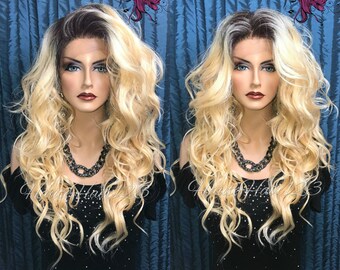 Wavy Gold Blonde Rooted Ombre Multi Part Human Hair Blend Lace Front Wig