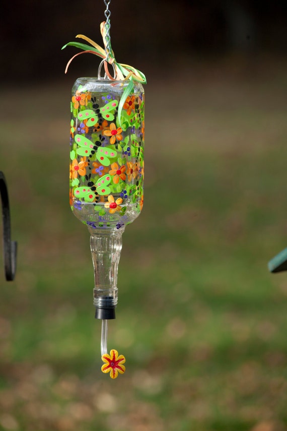 Whimsical Hand Painted Hummingbird Feeder With Dragonflies And