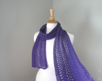 Purple Cashmere Scarf, Super Light, Hand Knit Knitted, Long Scarf, Lace Lacy Wrap Scarf, Ladies Womens Scarf