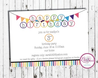 Rainbow birthday invitation, clean lines, pendant, happy birthday - print yourself or order prints