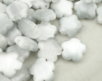 Light Grey Flower Beads 10mm Puffy Puffed Flower Cats Eye Beads for Jewelry Making Fiber Optic Beads Grey Beads