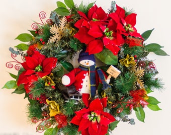 Christmas Wreaths For Front Door, Snowman Wreath, Poinsettia Wreath, Evergreen Wreath, Holiday Decor, Christmas Decor, Front Door Decor