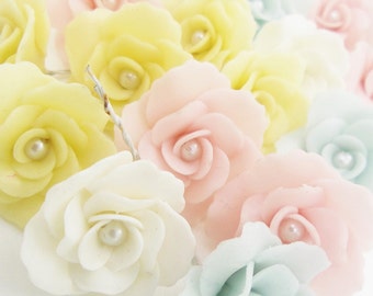 Miniature Polymer Clay Roses Handcrafted with Pearl bead, 20 pieces