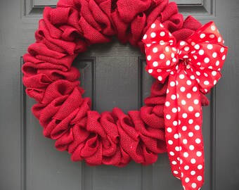 Red Burlap Wreaths, Red Door Wreaths, Red Door Decor, Burlap Wreaths, Fun Wreaths, Gift for Her, Love Gift, Polka Dots, Red Polka Dots