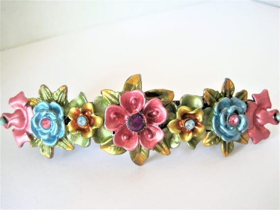 Floral Enamel Barrette, Rhinestone Hair Clip, 4 Inches Long, Flower For Your Hair