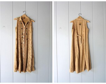 Indian Slip Dress Long Boho Dress Embroidered Festival Hippie Ethnic Golden Yellow Dress Floral Maxi Sundress Womens Medium Large