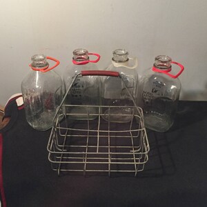 Vintage Milk Caddy with Bottles - Metal Wire Carrier with Half Gallon Bottles