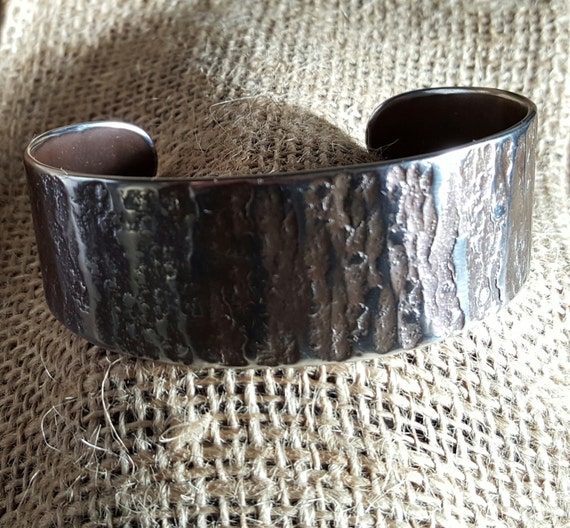 Unisex Silver CUFF Bracelet Hypo Allergenic Hand Forged Rugged Woodgrain Textured Stainless Steel Signed Original by Robert Aucoin, Iron Art