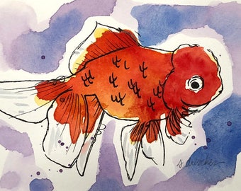 Original Watercolor Painting of Fancy Goldfish "Red Lion"