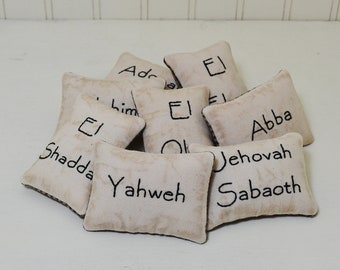 Hebrew Names of God Decorative Pillows - Religious Bowl Fillers - Old Testament Bible Scripture - Primitive - Home Decor - Black Gingham