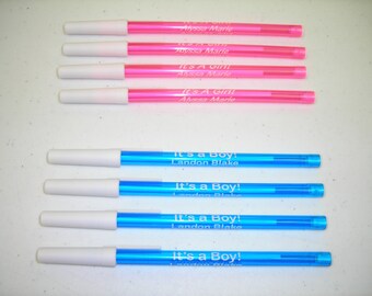 New! Pink or Blue Baby Shower/Congratulations Stick Pens - Boy or Girl, Personalized Ink Pens - White Trim and Imprint