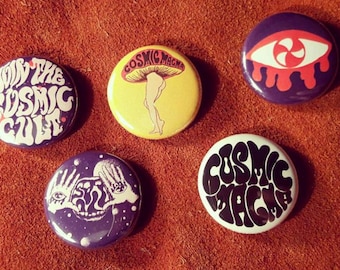 Cosmic Magma 3 button pins of your choice ! badges vintage 60s 70s mushroom eye