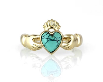 Turquoise Claddagh Ring - Hand Carved 14k Yellow Gold, 14k Rose Gold, 14k Palladium White Gold - Engagement, Wedding, Promise Ring