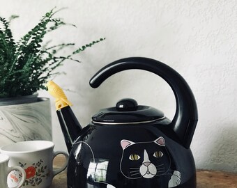 Vintage Black Cat Teapot Tea Kettle, Kitty Cat Kettle, Bird Whistle, Cat Lover Decor, Black and White Cat