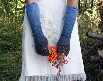 Long Fingerless Gloves Blue Arm Warmers Hand Knitted Gloves Extra Long Knit Mittens Winter Crochet Gloves Wrist Warmers Womens Gift for Her