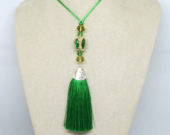 Green Gold Tassel Pendant , Boho Pendant, Beaded Pendant, Pendant Necklace ,Tassel Pendant ,Handmade Jewellery ,Wearable Art ,OOAK,