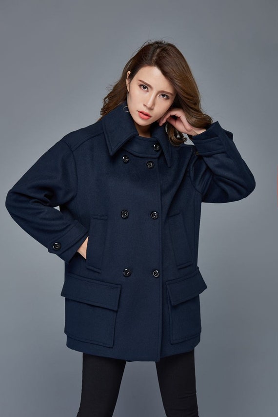 navy blue women's coat with hood