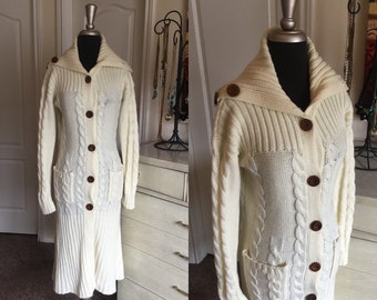 Vintage 1970's Off White Cable Knit Sweater Coat Medium