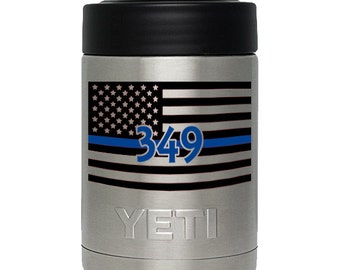 Thin Blue Line American Flag with Badge Number Decal for Yeti & RTIC Tumbler, Colster, and Lowball