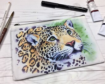 Jaguar Zipper Pouch, Jaguar, Leopard, Watercolor Jaguar, Watercolor, Cosmetic Bag, Watercolors, Travel Pouch, Art Pouch, Art Supply Pouch
