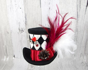Queen of Hearts – Black, White, and Red Harlequin Empress Collection Large Mini Top Hat, Alice in Wonderland, Mad Hatter Tea Party, Derby