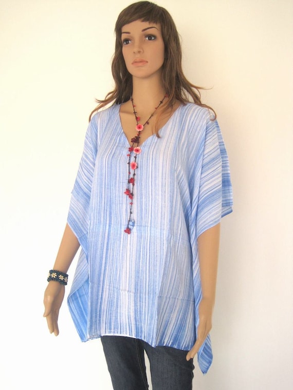 Blue Bali Batik Stripes Top Tunic Kaftan Caftan Blouse Dress