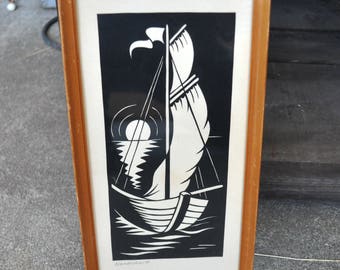 Vintage Framed Hand Cut Paper Silhouette Sailing Boat Handschnitt