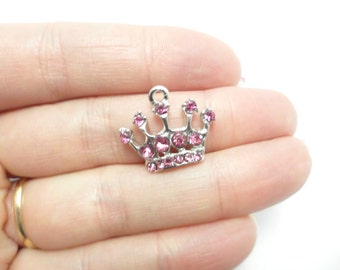 Pink Crown Charm 1 pc, Silver Tone w/Rhinestone gift Idea for princess party favor, DIY Necklace or bracelet, jewelry making supplies shop